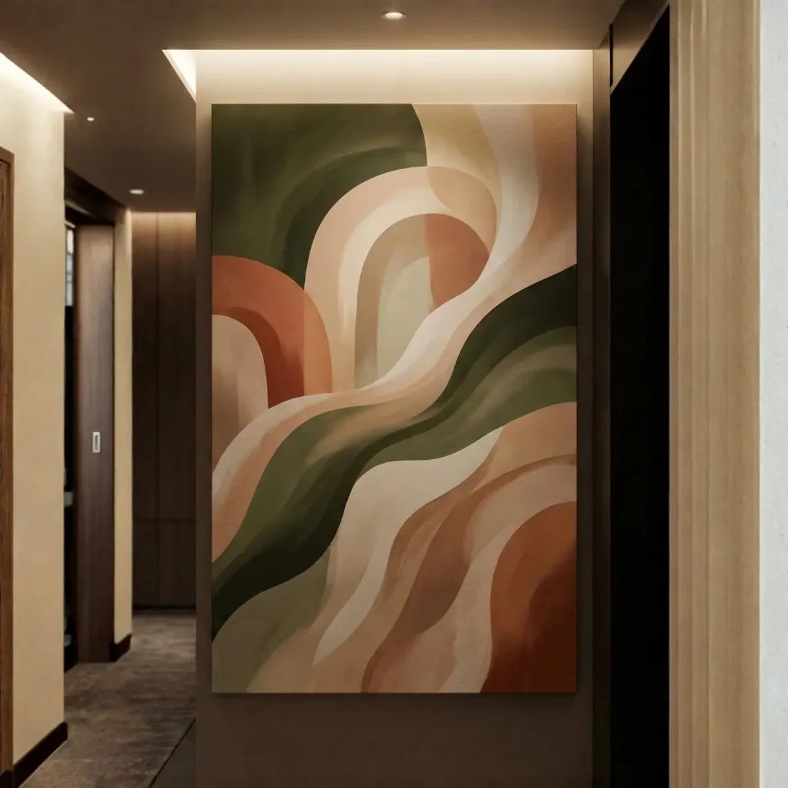 tableau abstrait ondulé orange vert beige noir moderne impression toile rectangle vertical chambre salon