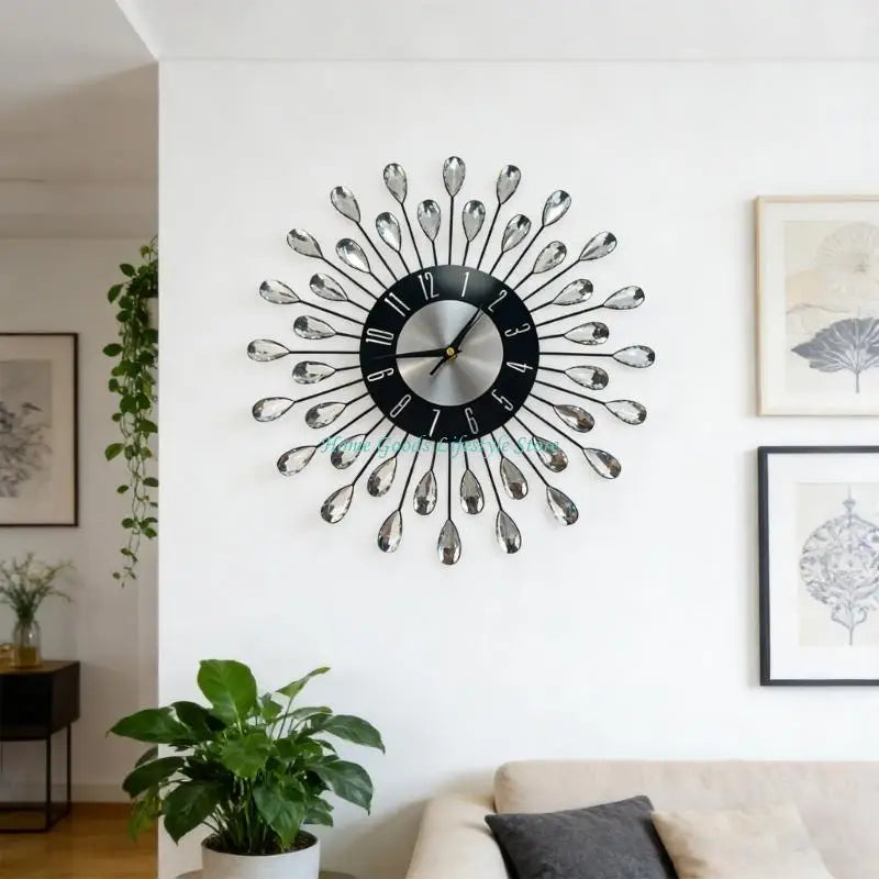 horloge murale moderne floral noir argenté élégante sans tic tac salon