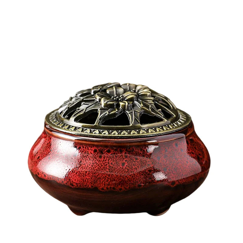 bougeoir encens poterie artisanal texture craquelée couleurs rouge vert bleu noir jaune vintage cendrier