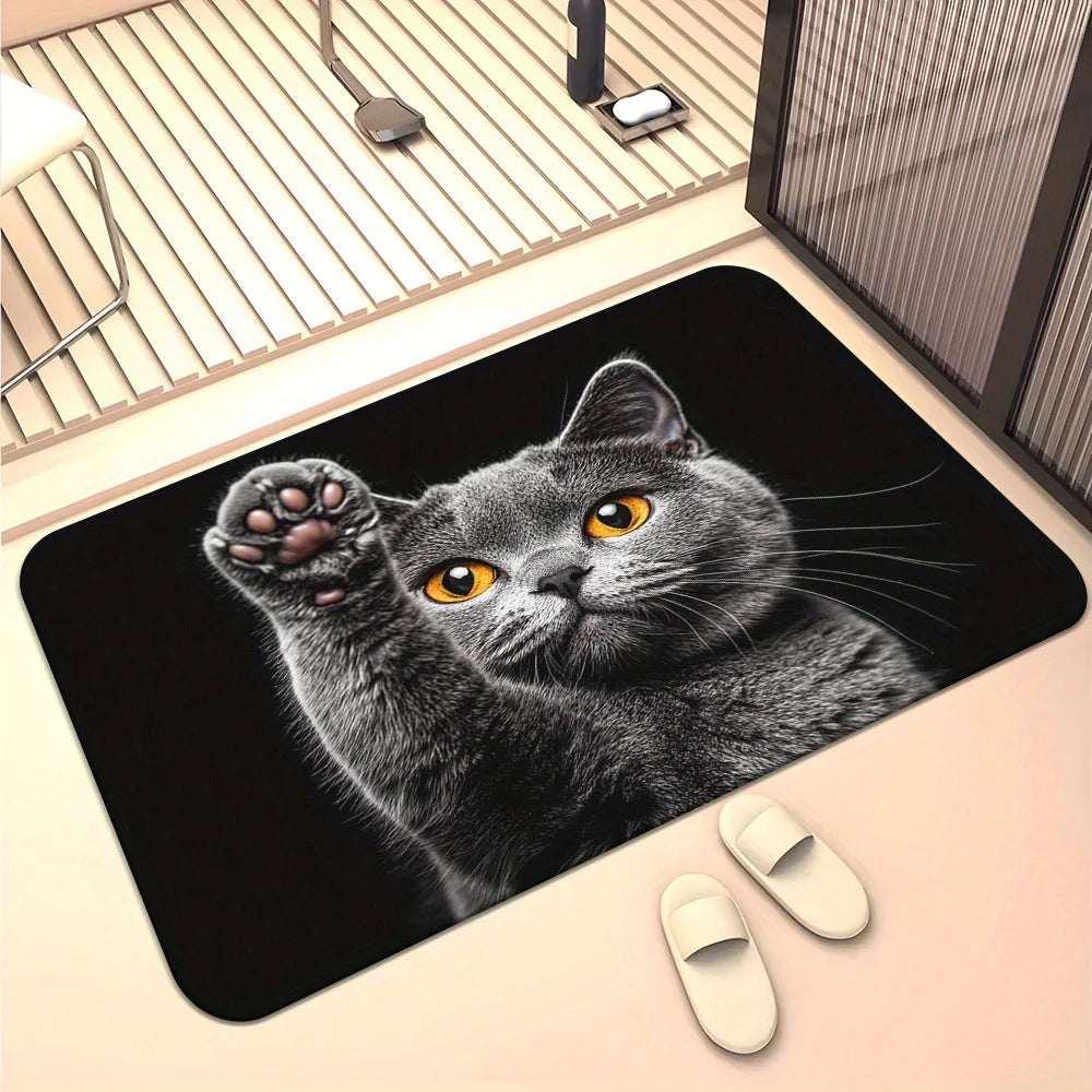tapis moderne chat noir fond gris yeux jaunes intérieur salon chambre coucher doormat cuisine