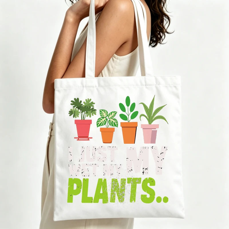 sac cabas toile plantes pots blanc vert orange rose décontracté humoristique poignées tissu