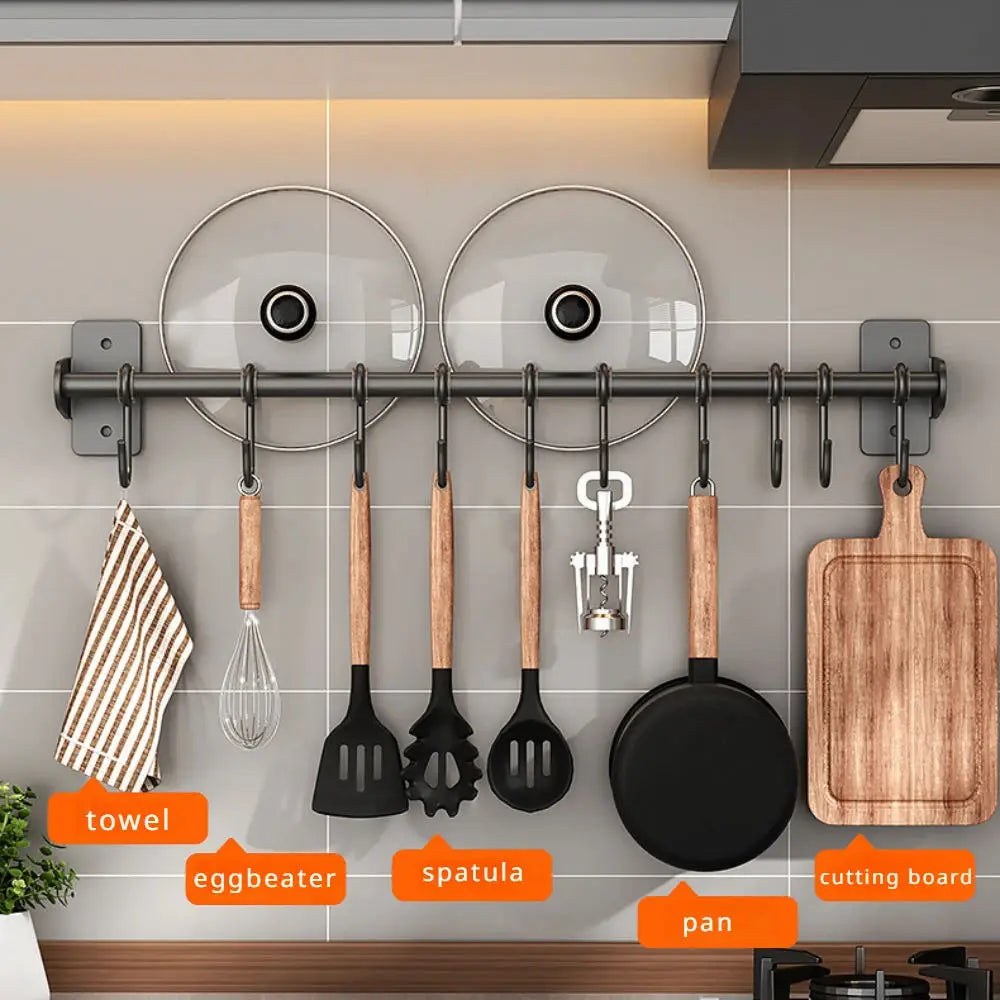 support mural noir acier inoxydable couteaux spatule poêle planche découper moderne vis fixés cuisine