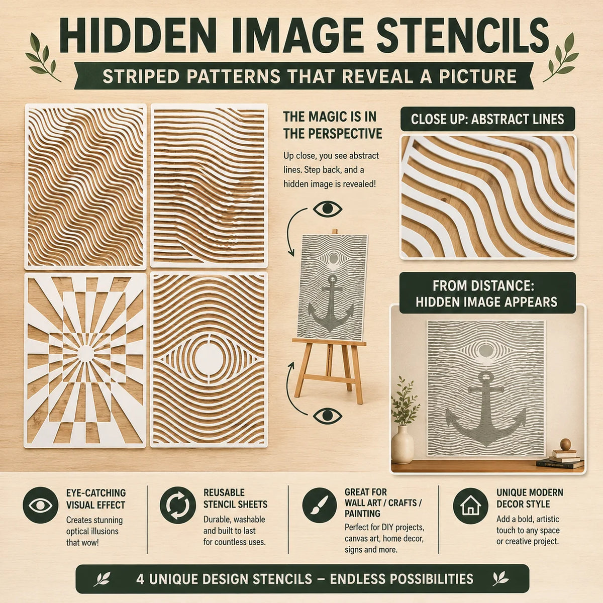 pochoirs peinture abstraite gabarits A4 rayures ondulées motif radial oeil moderne diy bois murs