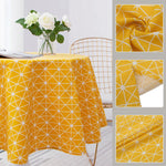 nappe table ronde moderne gris bleu jaune triangles géométriques imperméable noël extérieur 120cm 150cm