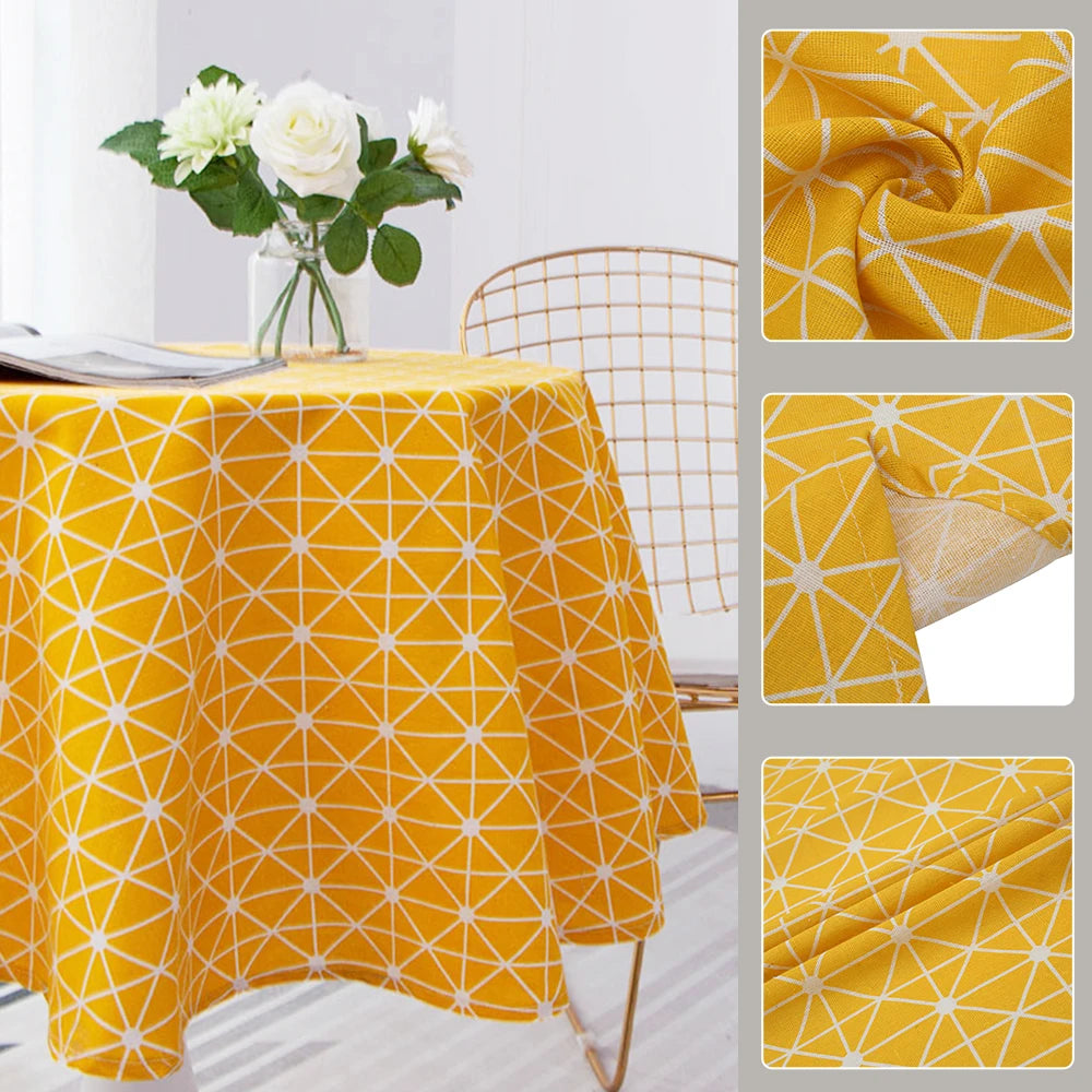 nappe table ronde moderne gris bleu jaune triangles géométriques imperméable noël extérieur 120cm 150cm