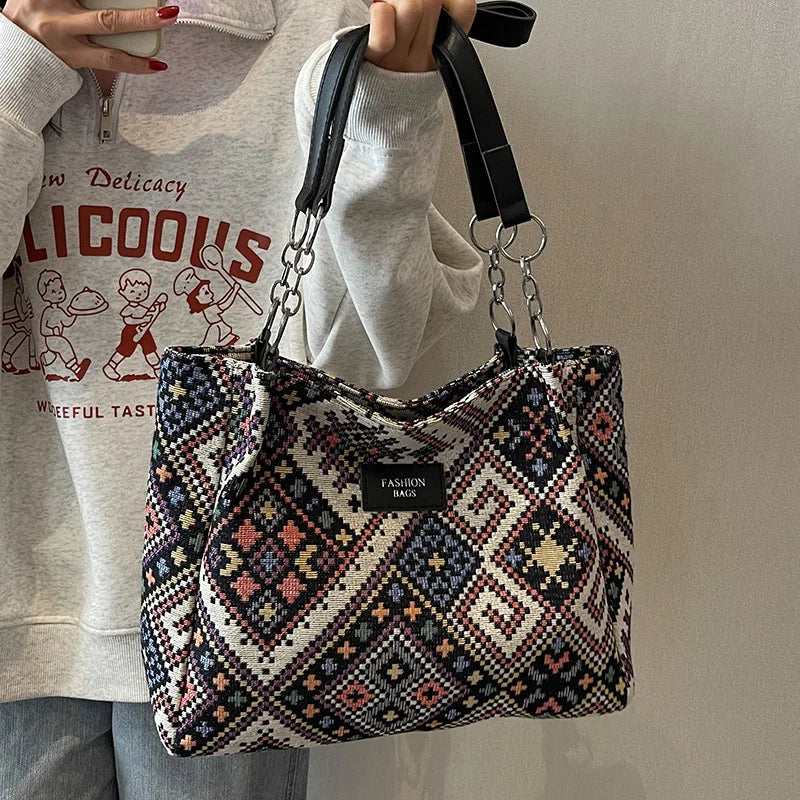 sac main multicolore motif géométrique contemporain réutilisable respectueux environnement pliable multifonction toile poly