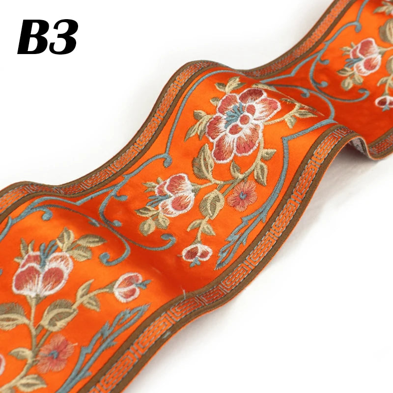 rubans décoratifs brodés fleurs feuilles oiseaux polyester large rouge bleu orange jaune marron gris