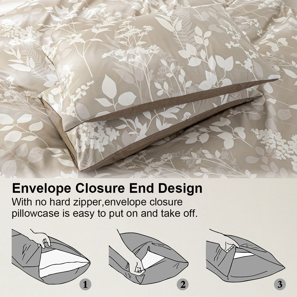 ensemble literie moderne housse couette fleurs feuilles motif floral beige clair blanc doux polyester
