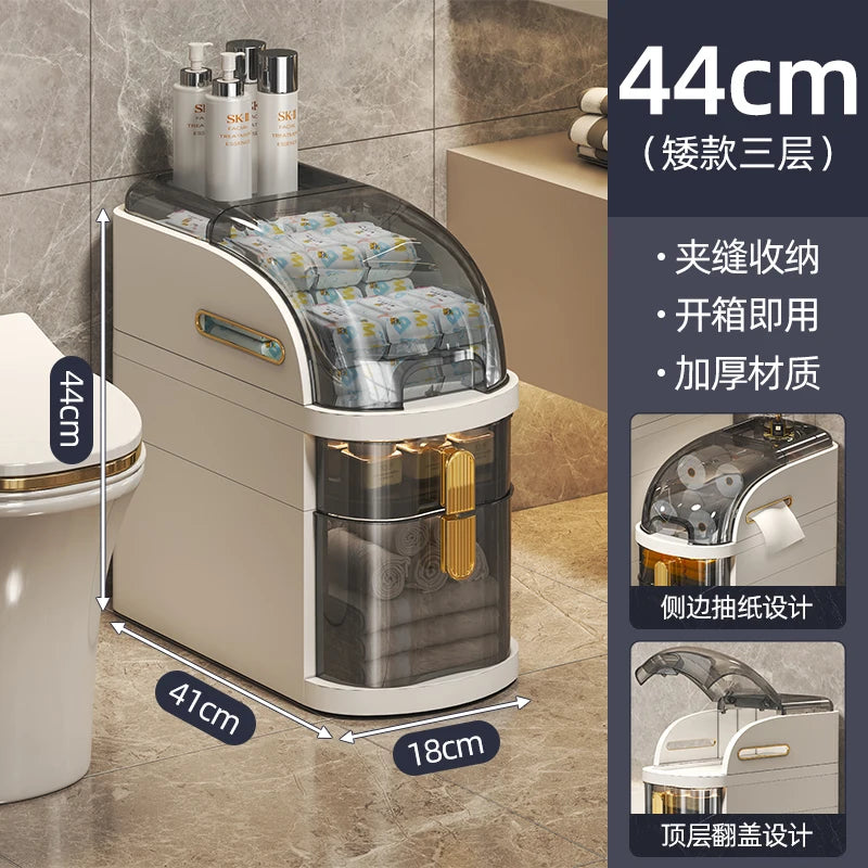 rangement salle bain moderne étages adhésif compartiments transparent beiges gris produits toilette papier serviettes