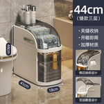 rangement salle bain moderne étages adhésif compartiments transparent beiges gris produits toilette papier serviettes