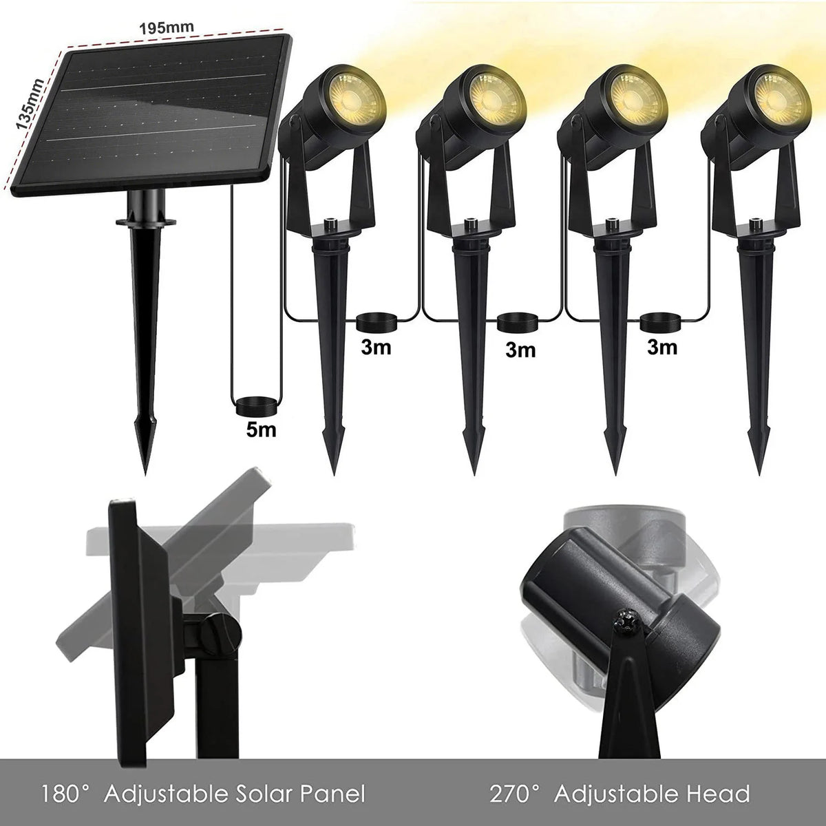 projecteur solaire moderne ip65 waterproof 250lm led noir ajustable rotation 360
