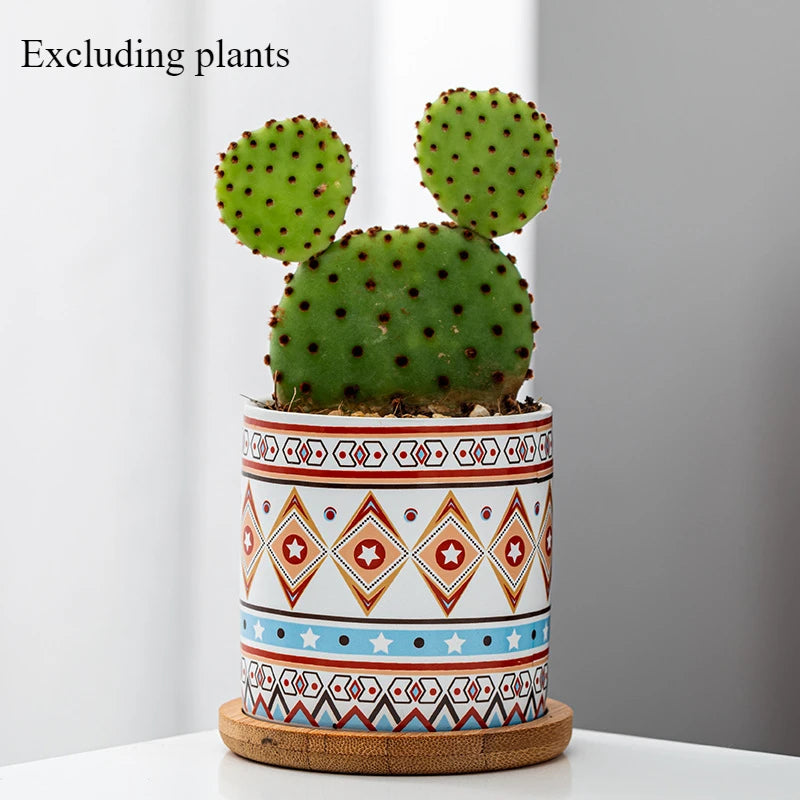 pots fleurs céramique géométrique triangles étoiles ethnique décoratif blanc bleu vert marron