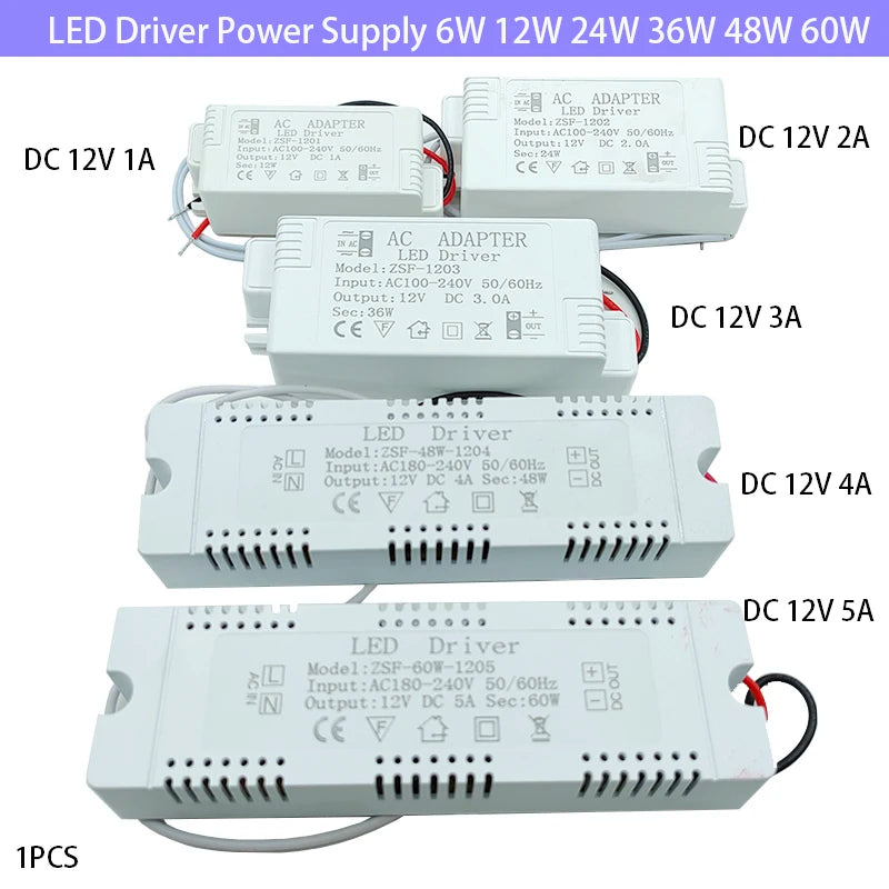 adaptateur led driver 12v 1a 6w 2a 24w 3a 36w 4a 48w 5a 60w
