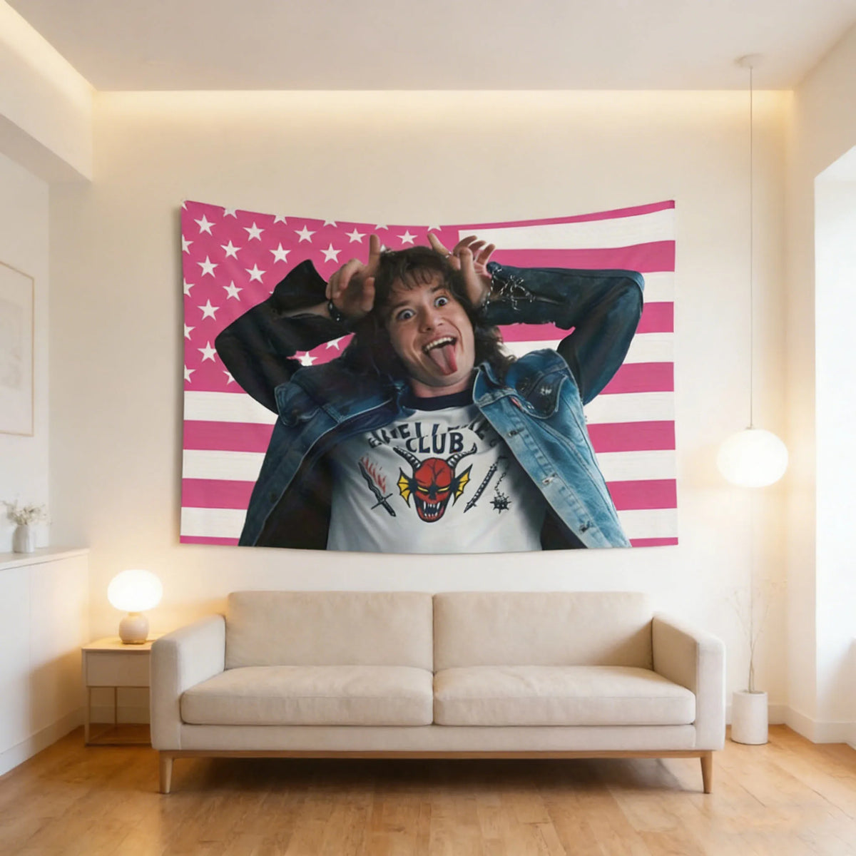 tapisserie moderne drapeau rose étoiles blanches pop art tissage imprimé dimensions variées decoration mur