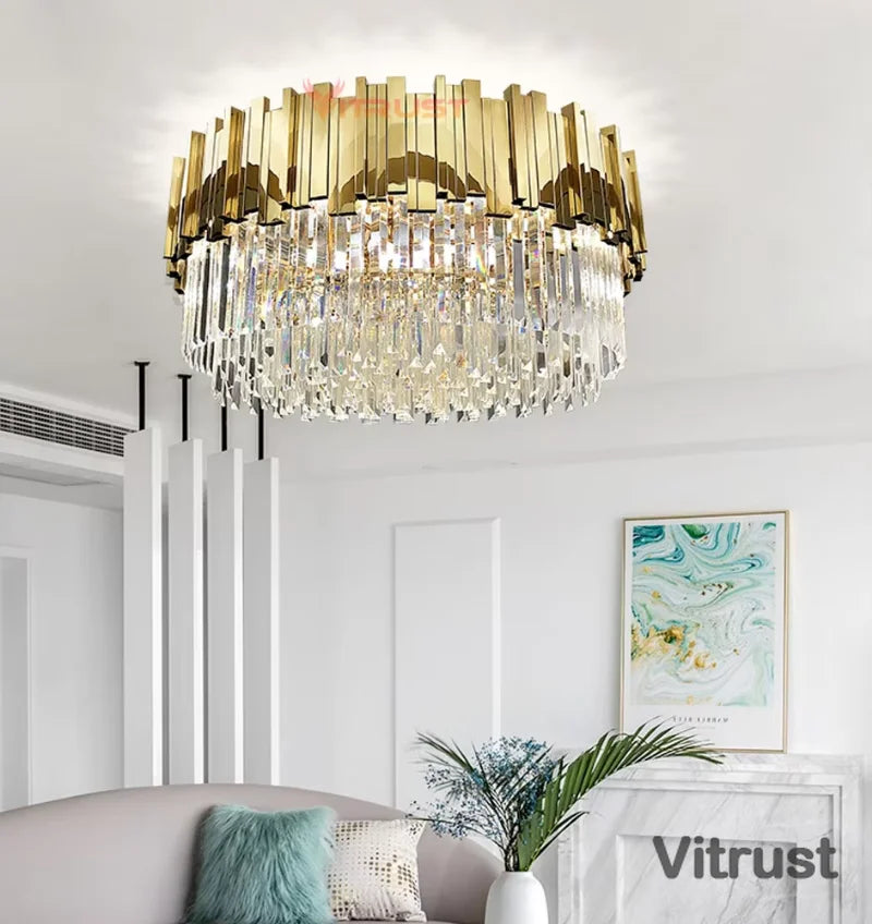 lampe moderne or cristal transparent élégante barres dorées inoxydables salon hall