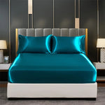 Ensemble complet de parure de lit en satin bleu avec drap plat et taies