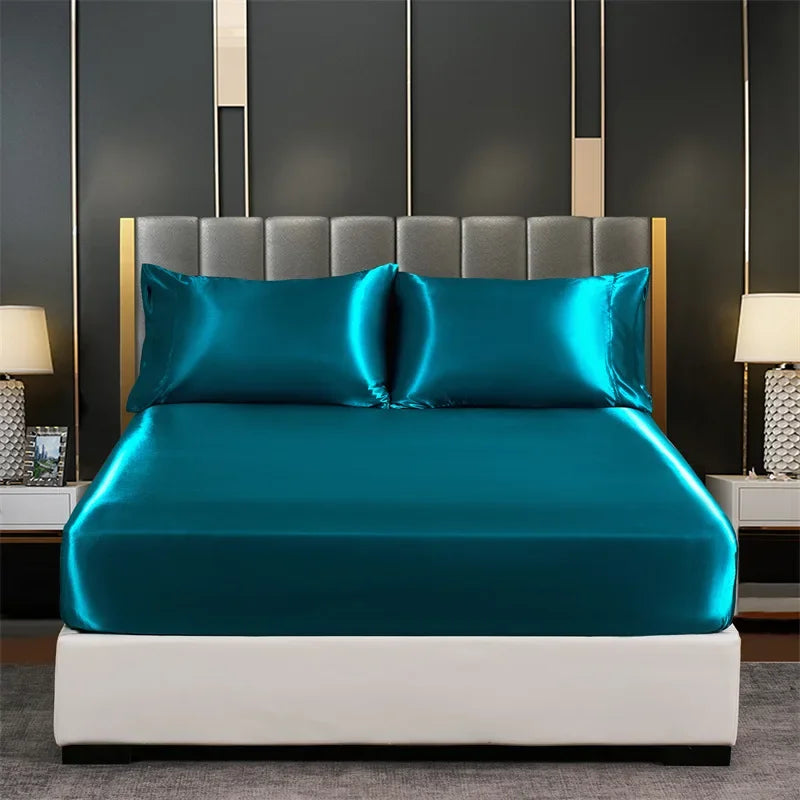 Ensemble complet de parure de lit en satin bleu avec drap plat et taies