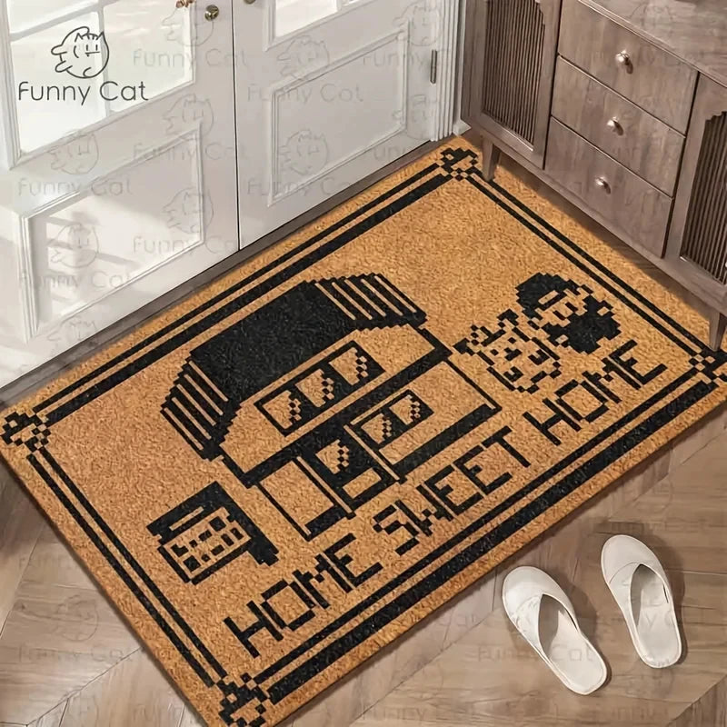 tapis d'entrée marron clair motif maison SWEET moderne pixel art résistant saleté
