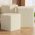 boîte rangement moderne 110l 150l 220l 30l carreaux beige motifs jaunes poignées métalliques coussin