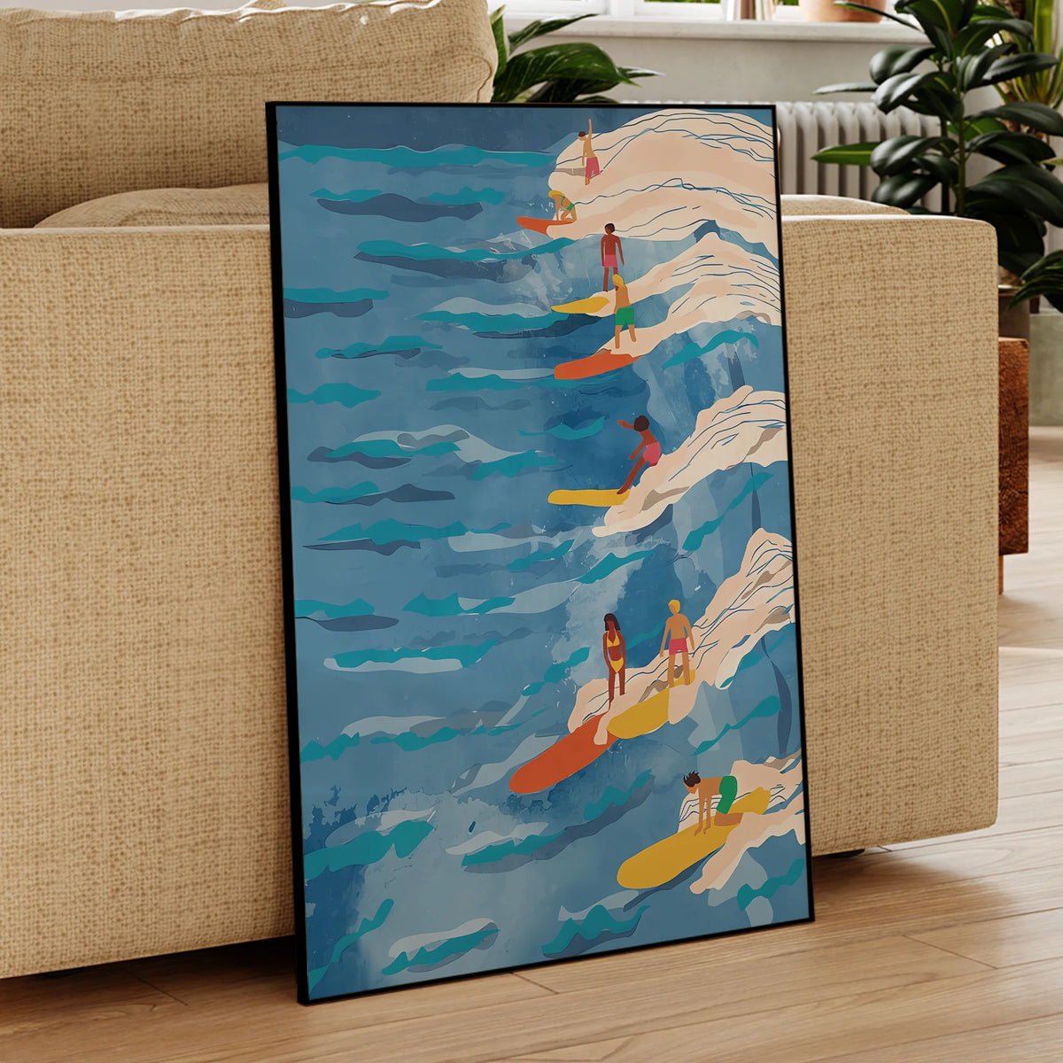 affiche moderne surf vagues bleues colorées chambre salon décoration mur illustration print:frame métal