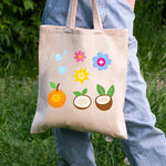 sac main toile beige fruits fleurs imprimé poignées réutilisable respectueux environnement multiful usage