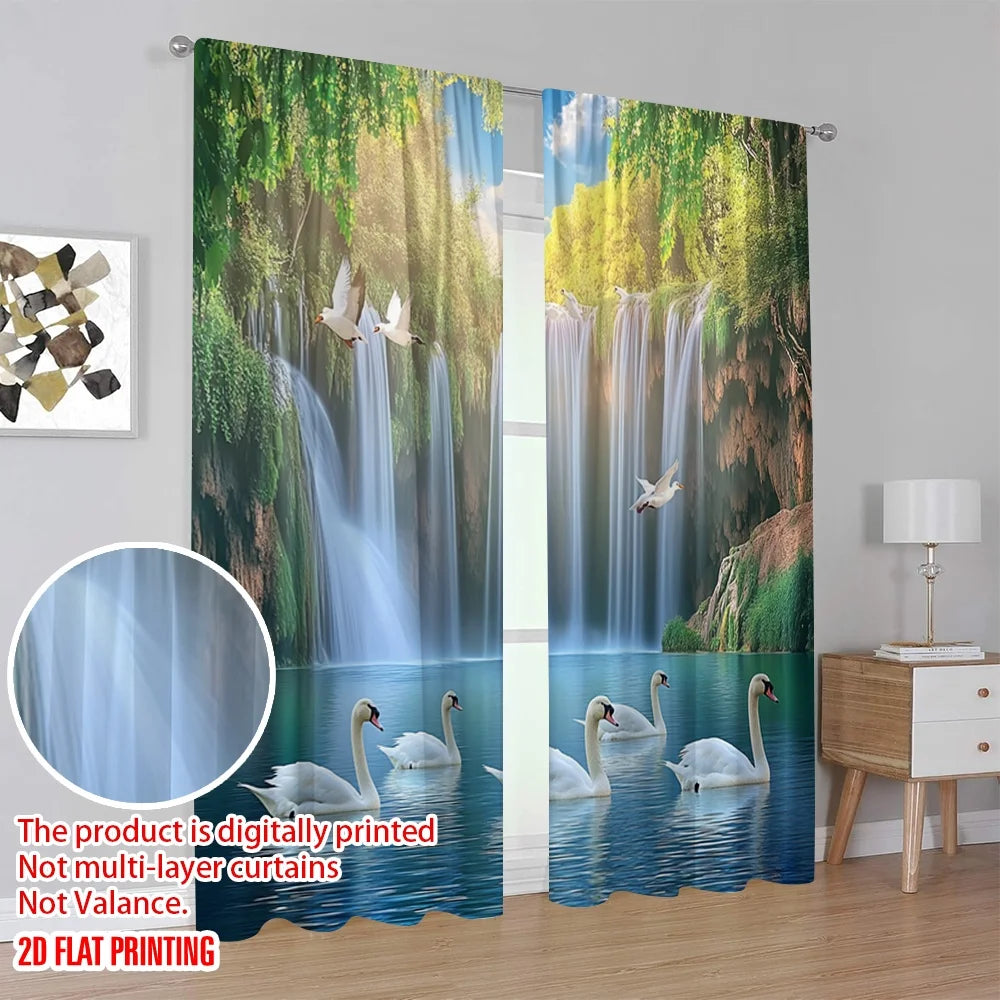 rideau moderne deux pièces paysage cascade oiseaux arbres vert bleu opacité polyester