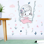 sticker mural fille balançoire fleurs nuages autoadhésif pvc eau illustration colorée chambre enfant