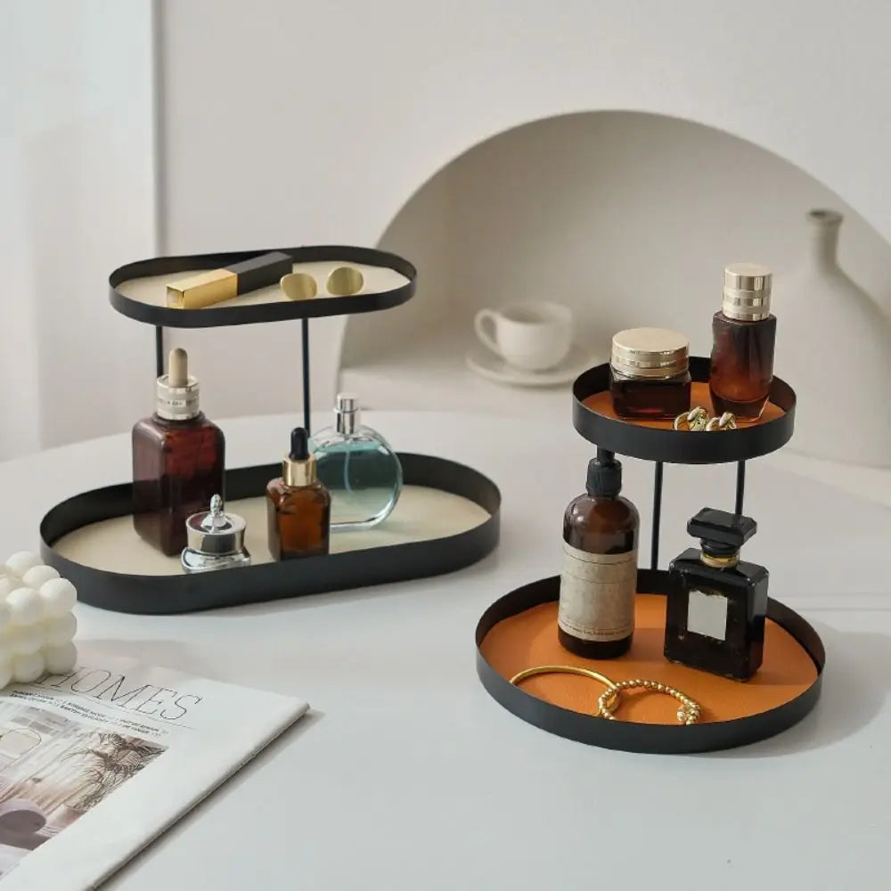 présentoir rangement cosmétique deux niveaux noir beige vert olive moderne minimaliste flacon parfum lotion
