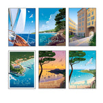 Une série d'affiches de voyage illustrant différentes destinations côtières françaises, telles que La Ciotat, Porquerolles et Nice, avec des paysages maritimes et des bâtiments historiques.