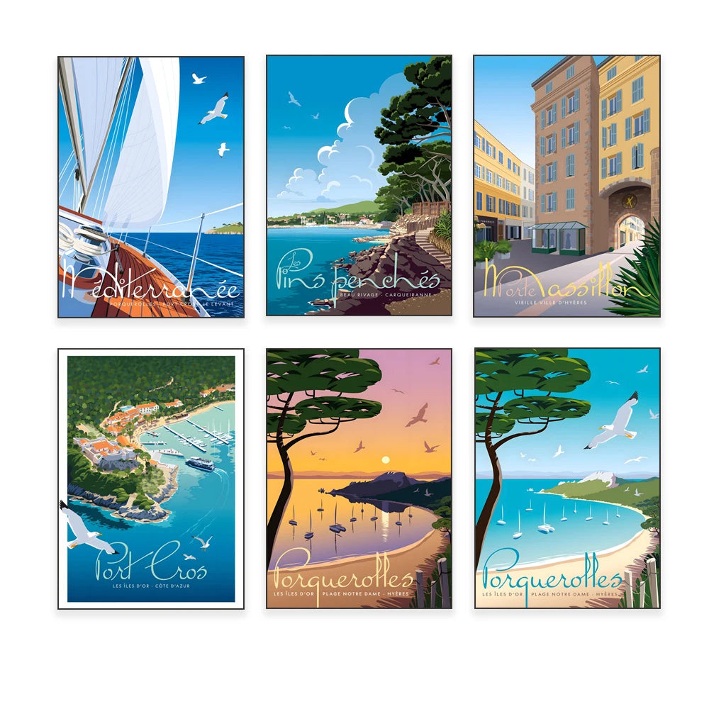 Une série d'affiches de voyage illustrant différentes destinations côtières françaises, telles que La Ciotat, Porquerolles et Nice, avec des paysages maritimes et des bâtiments historiques.