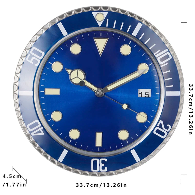horloge murale plongée bleu vert rouge cadran lumineux aiguille quartz métal fixations