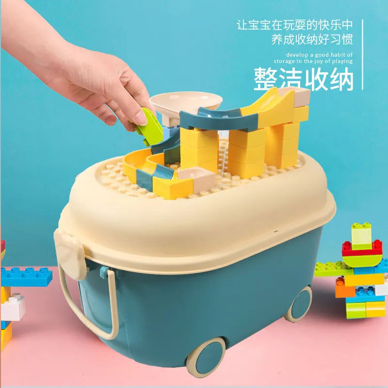 boîte rangement jouets bleu beige réutilisable texture grille moderne pratique poignées respectueuse environnement