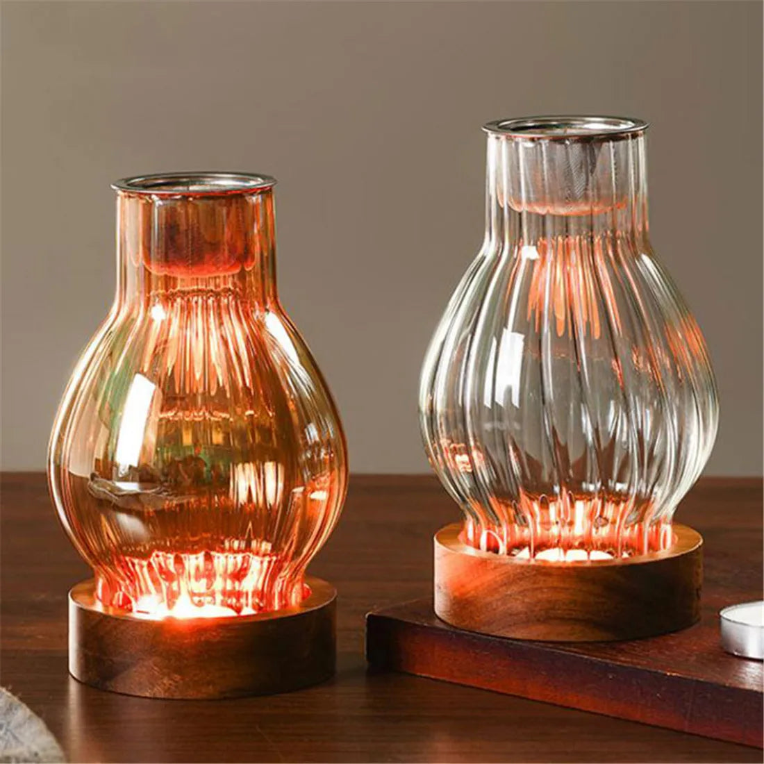 lampe poser moderne transparent base bois brun doré ridées minimalistes