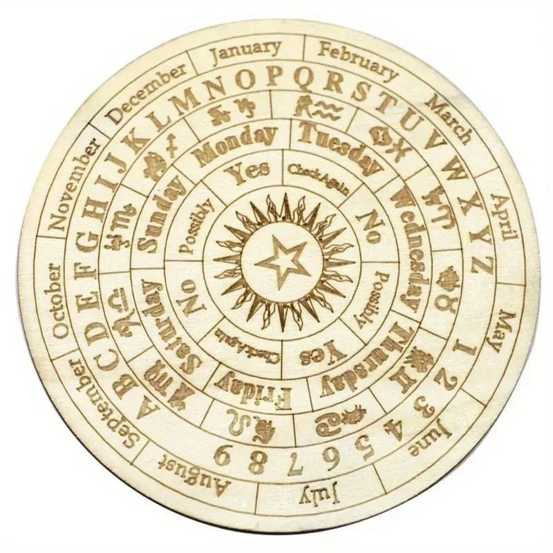 disque bois gravé astrologie pendule cristal divination méditation décoration maison symbolique zodiaque