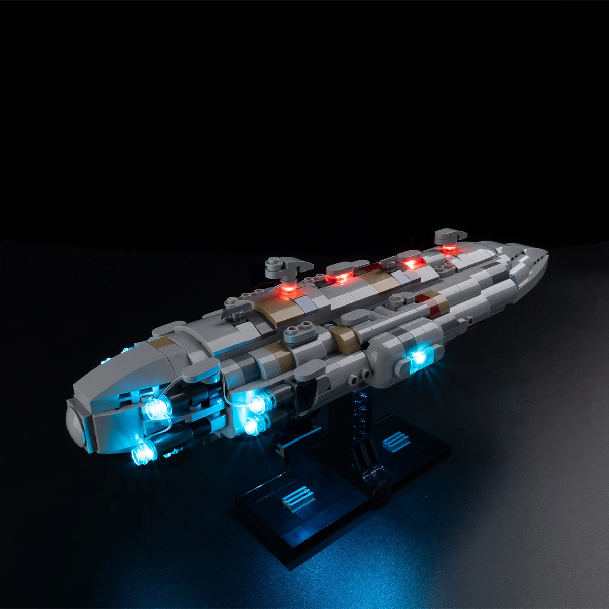 jouet diy vaisseau spatial sci fi blocs construction led gris blanc rouge bleu details