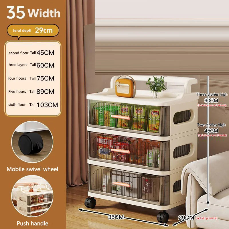 meuble rangement mobile tiroirs roulettes beige clair rayures horizontales moderne