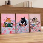 tableau peinture l'huile chat rose livre fleurs couverture couleurs classiques salon décoration