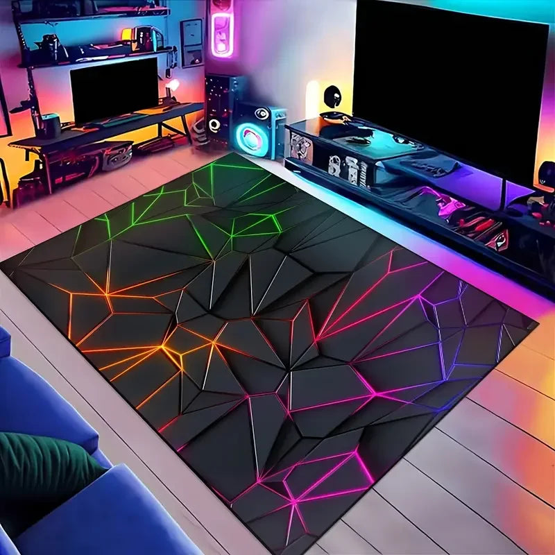 tapis moderne géométrique polygones lumineux noir vert orange rose bleu violet salon chambreextérieur
