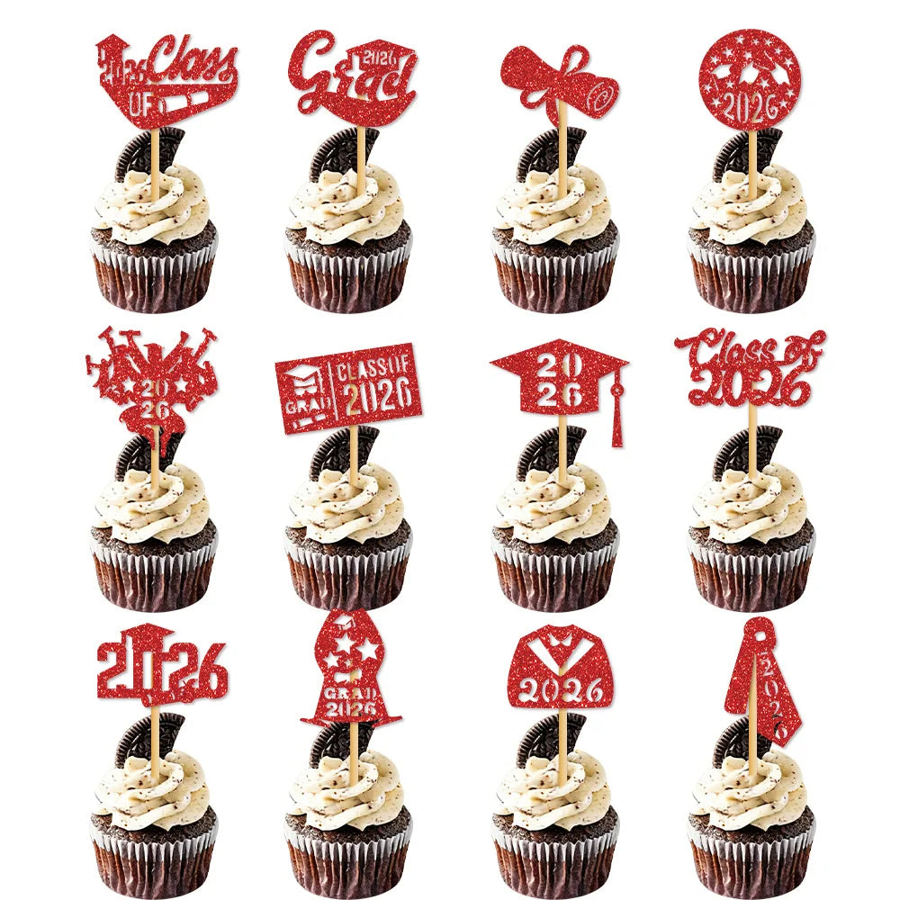 décorations cupcakes glitter or rose bleu rouge graduation 2026 ruban diplôme chapeau
