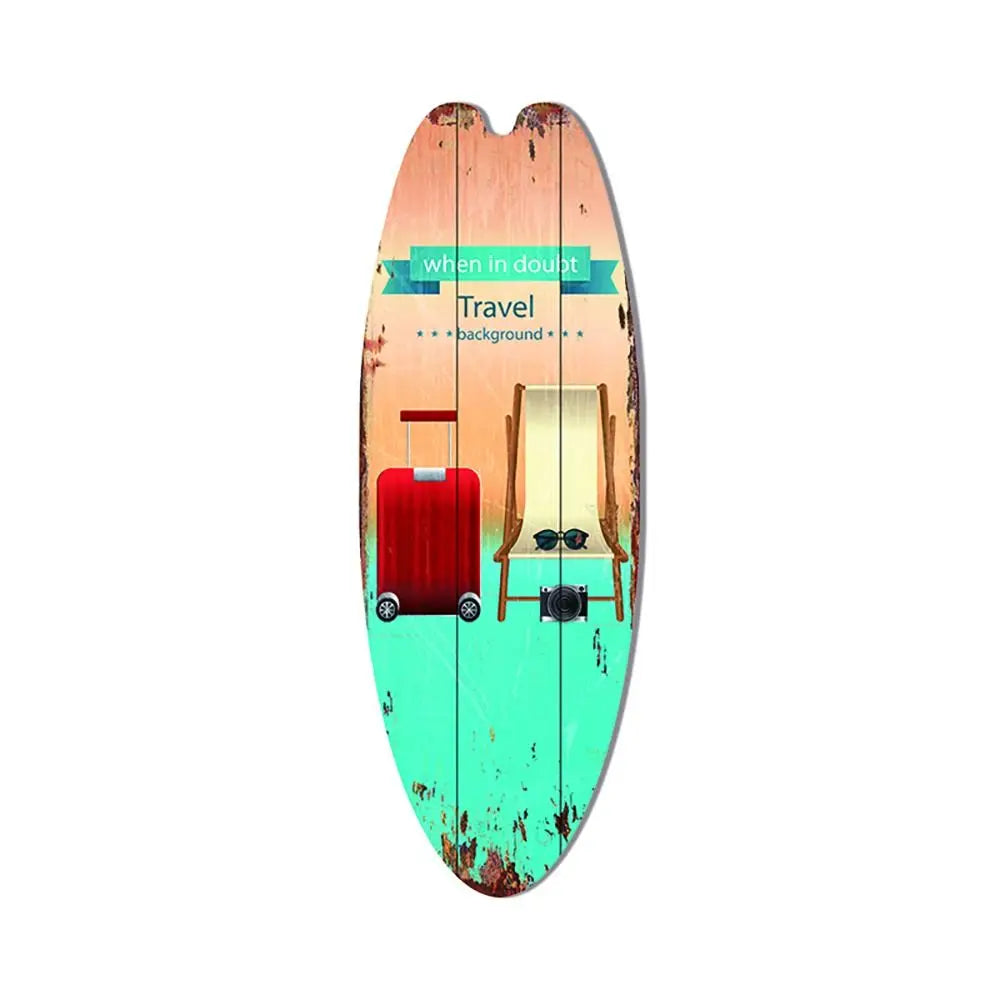 plaque surf décorative bois vieilli motifs estivaux lettrage coloré 45cm 16cm vintage