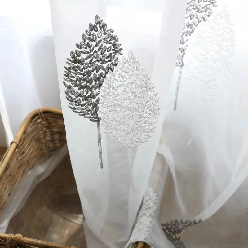 rideau tulle feuilles stylisées blanc gris moderne fenêtre 100cm 200cm clips