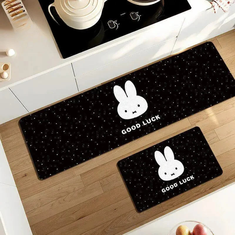 tapis sol cuisine lavable antidérapant motif lapin cartoon mignon absorbant eau beige rose noir