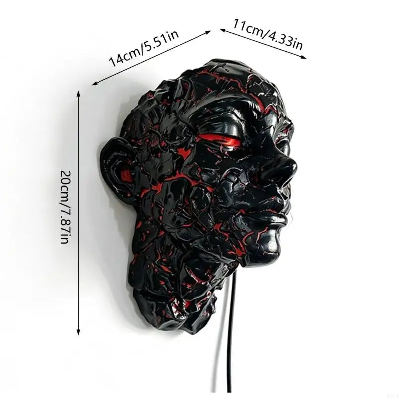 masque sculptural noir rouge texture magma lave art contemporain halloween décoration murale led usb