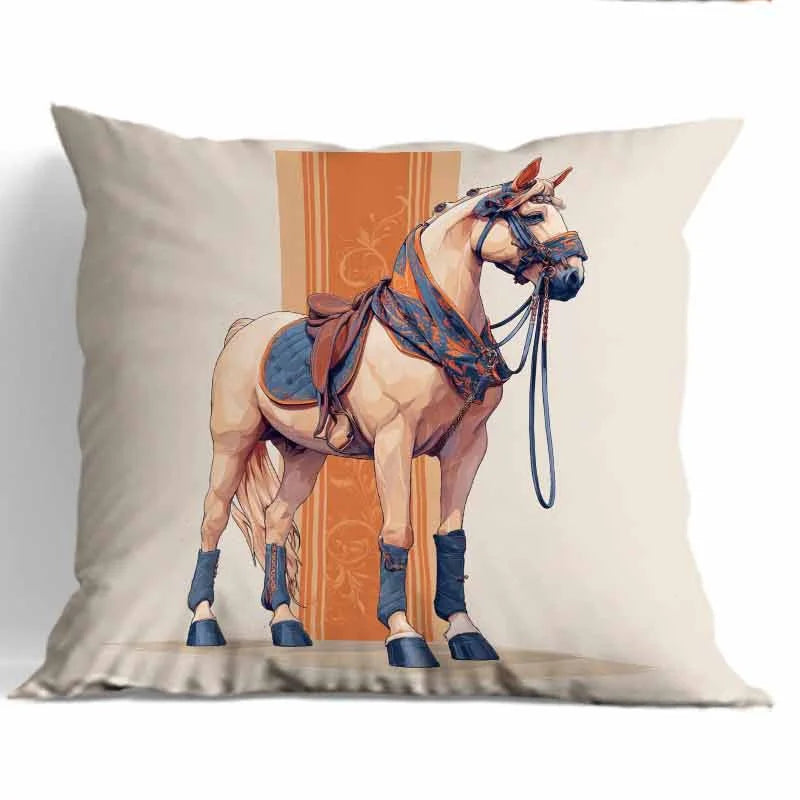 housse coussin imprimée chevaux beige bleu orange vintage canapé lit 100% polyester respectueux environnement