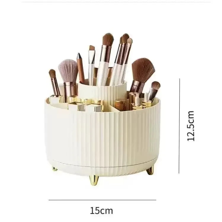 support rangement rotatif blanc rayures modernes pieds dorés pinceaux maquillage fards crèmes ciseaux stylos