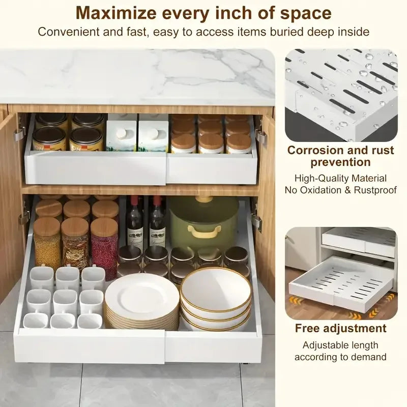 rangements coulissants tiroirs blanc grille séparation moderne assiettes casseroles épices optimisation espace armoire placard