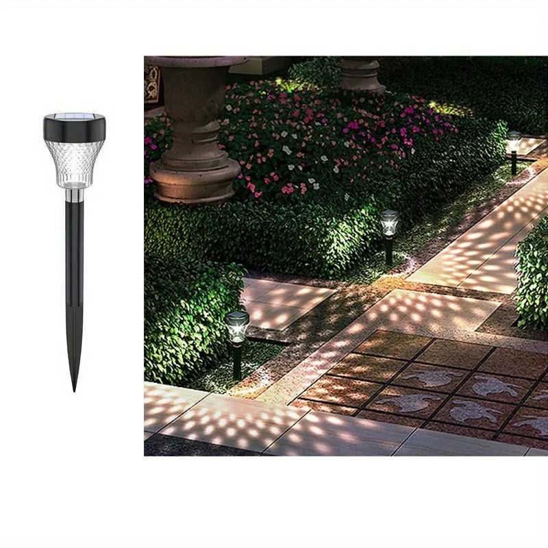 lumière solaire extérieure moderne transparente motifs géométriques noir argenté jardin ambiance chemin