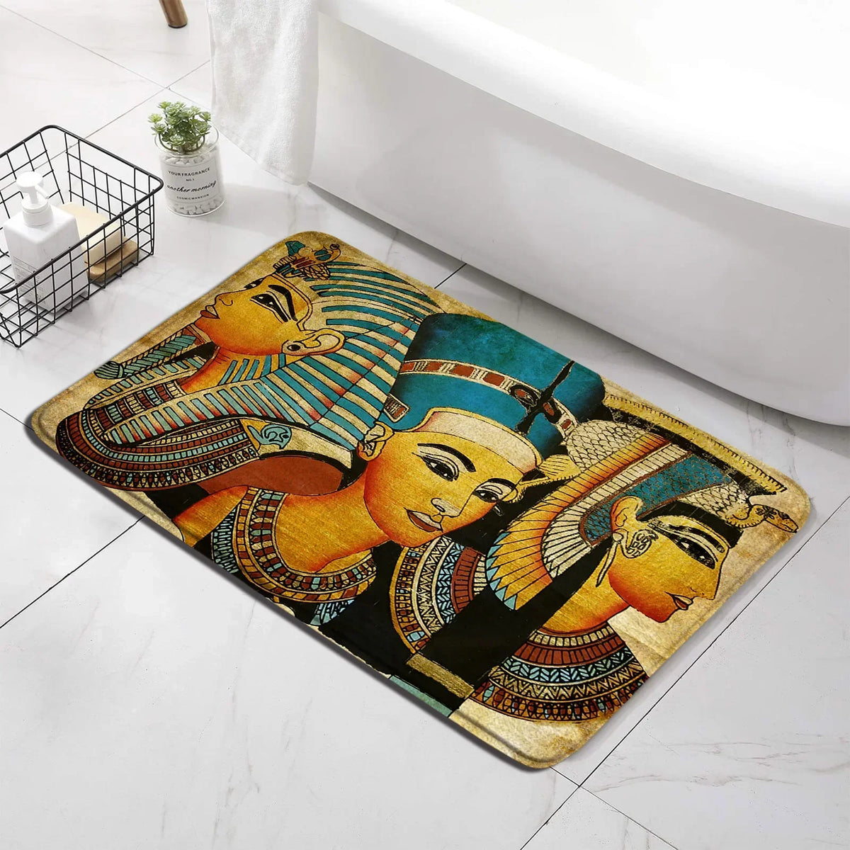 tapis toilette égyptiens motifs hiéroglyphes pharaons salle bain beige bleu rouge doré