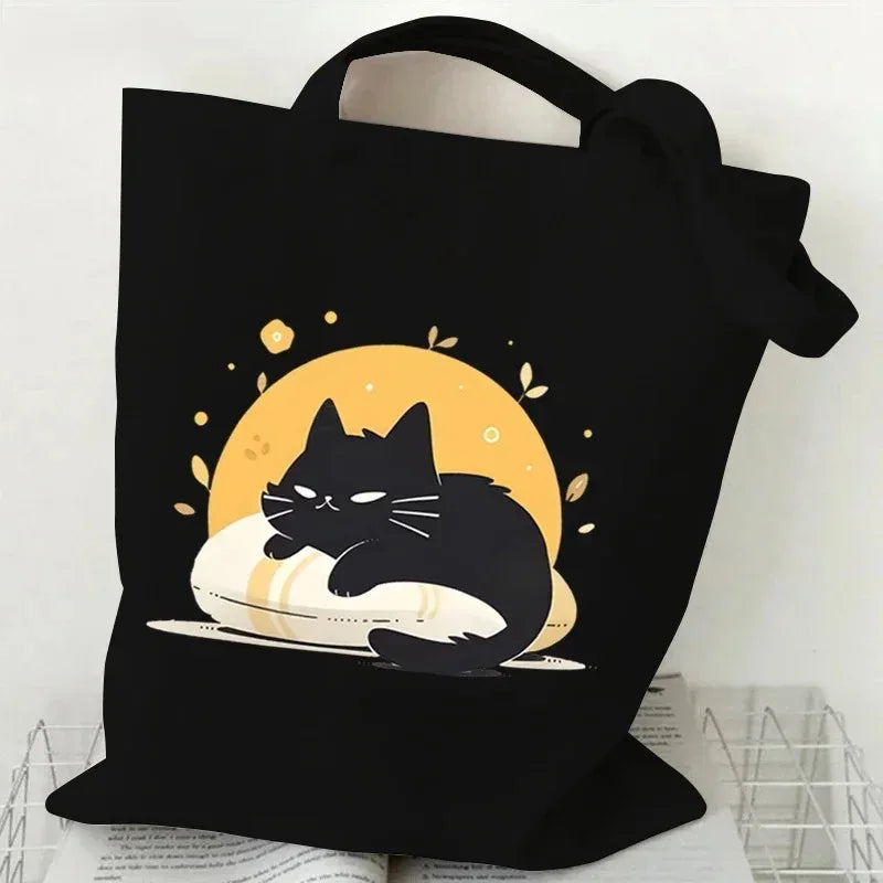 sac main femme toile chat cartoon noir blanc motifs animaux décontracté sans fermeture éclair