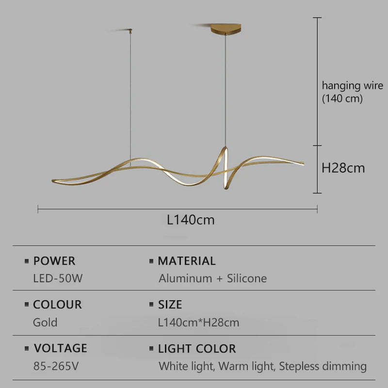 lampe suspendue moderne câble noir doré ondulé 120cm 140cm lumière froideversible
